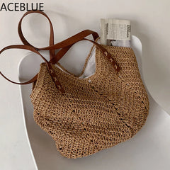 Bohemian Summer Straw Beach Tote Bag Hand-woven Women's Shoulder Handbag