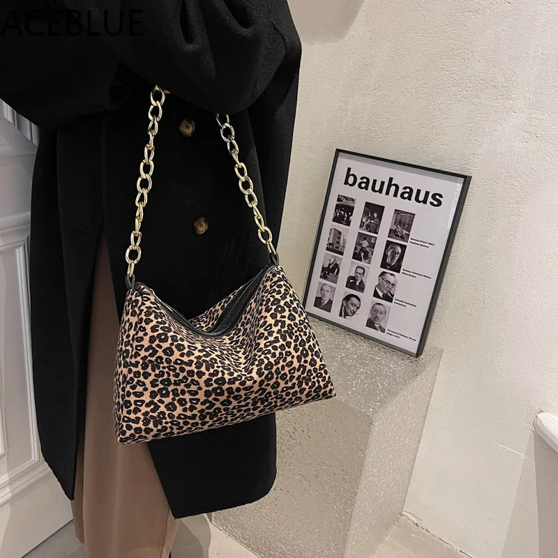 Woman Brown Leopard Chains Crossbody Shoulder Bag Spring
