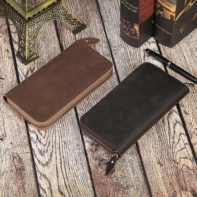 Crazy Horse Leather Men's Long Wallet RFID Anti-magnetic Retro Clutch