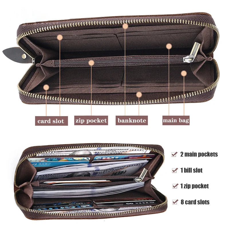 Crazy Horse Leather Men's Long Wallet RFID Anti-magnetic Retro Clutch