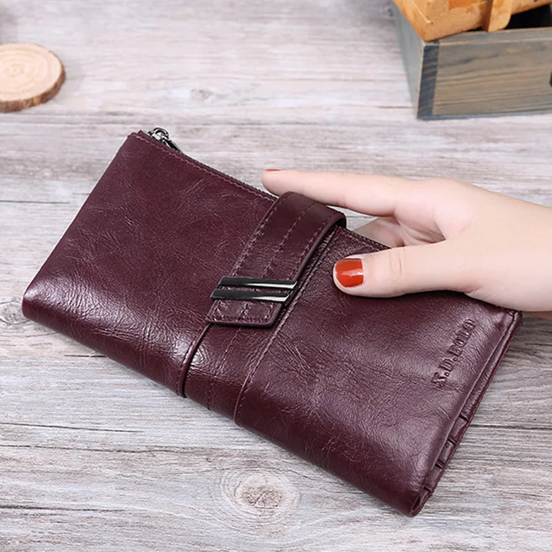Oil Wax Leather Ladies Wallet Double Zipper Coin Purse Long Clutch Bag