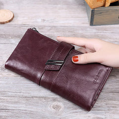 Oil Wax Leather Ladies Wallet Double Zipper Coin Purse Long Clutch Bag
