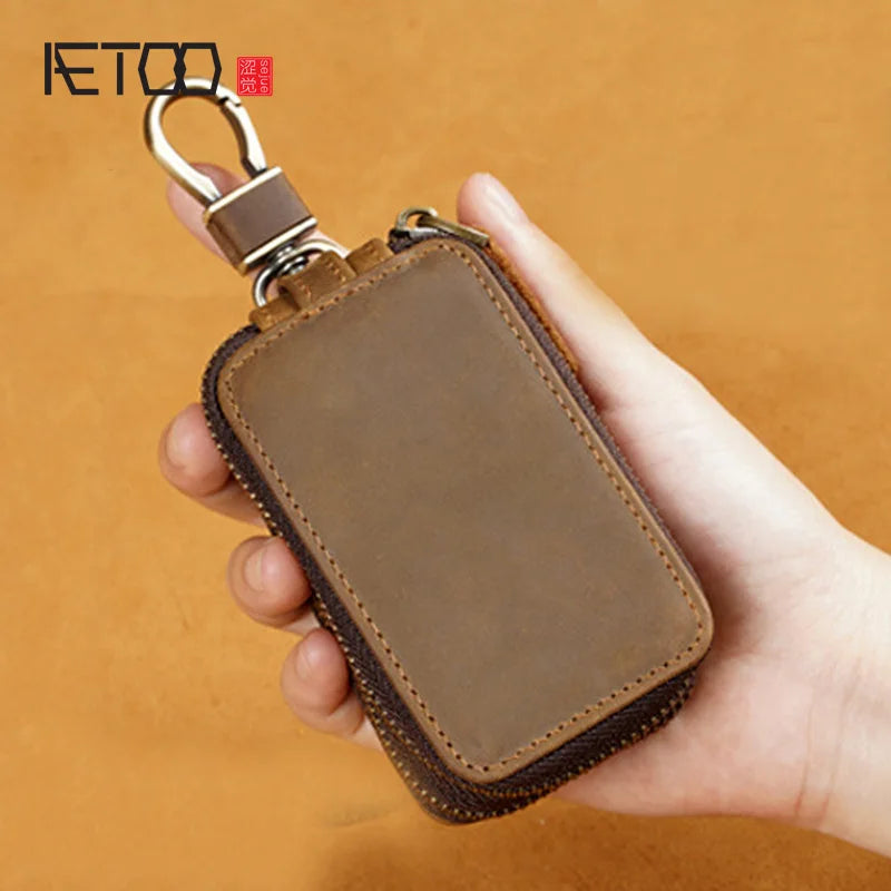 Crazy horse leather double zipper waist hanging car key case GM