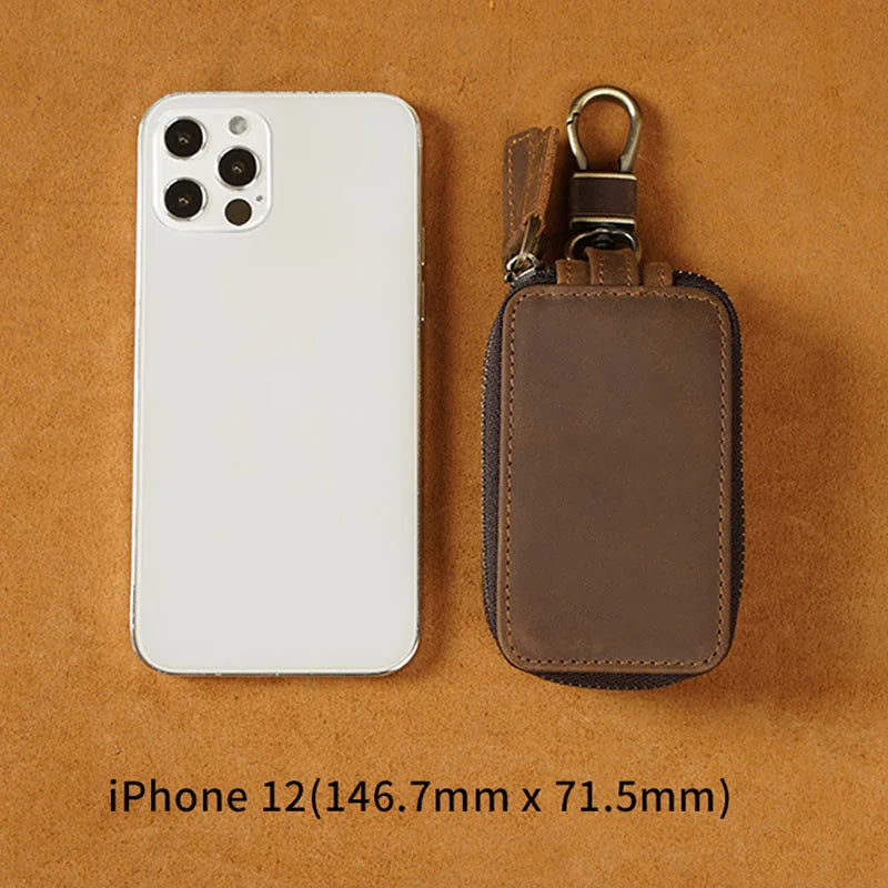 Crazy horse leather double zipper waist hanging car key case GM