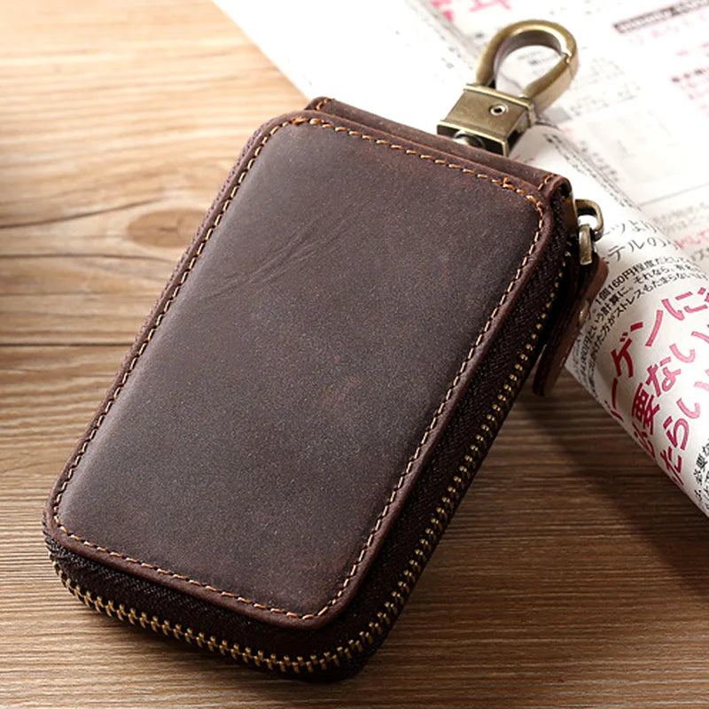 Retro Cowhide Leather Zipper Key Case Crazy Horse Leather Car Key Case
