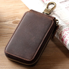 Retro Cowhide Leather Zipper Key Case Crazy Horse Leather Car Key Case