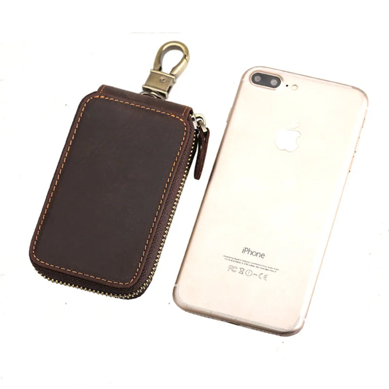 Retro Cowhide Leather Zipper Key Case Crazy Horse Leather Car Key Case