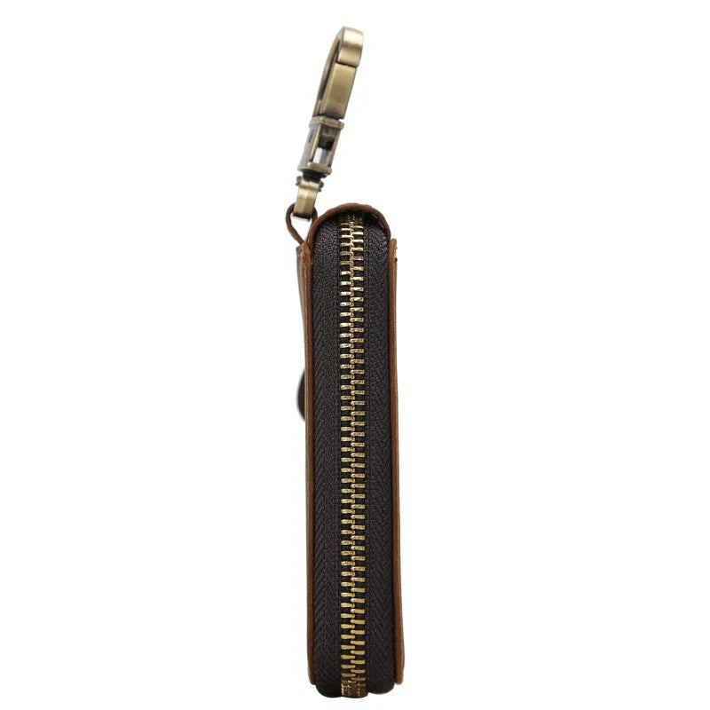 Retro Cowhide Leather Zipper Key Case Crazy Horse Leather Car Key Case