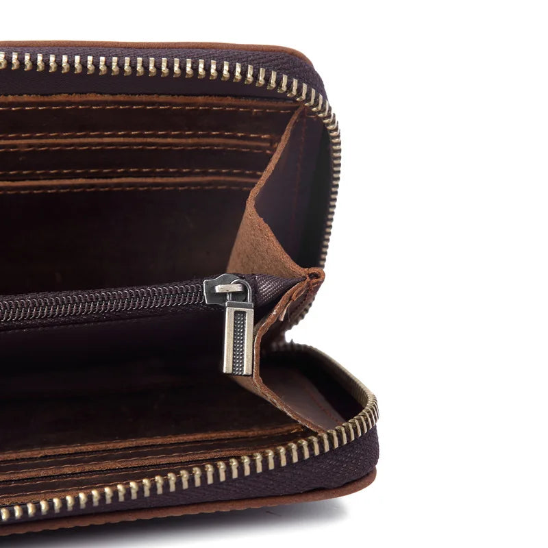 Vintage Leather Wallet Crazy Horse Long Zipper Bag Clutch