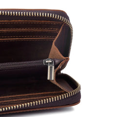 Vintage Leather Wallet Crazy Horse Long Zipper Bag Clutch