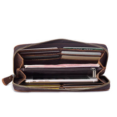 Vintage Leather Wallet Crazy Horse Long Zipper Bag Clutch