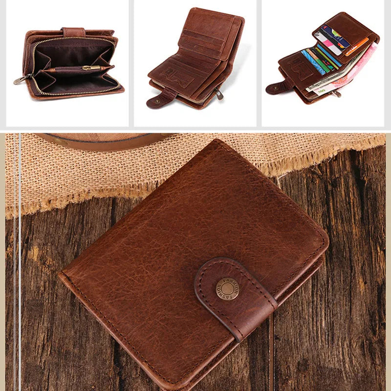 Crazy Horse Leather Men's Wallet Short Antimagnetic Retro Vintage Style