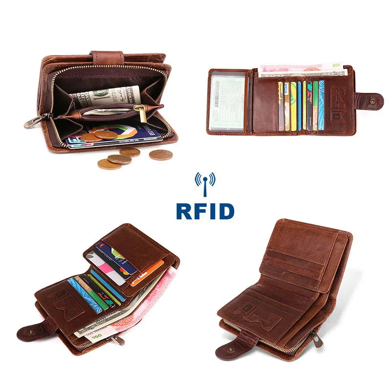 Crazy Horse Leather Men's Wallet Short Antimagnetic Retro Vintage Style