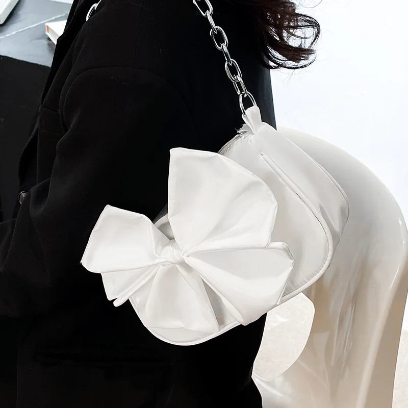 ASHINE Small Ladies Shoulder Bag Chain Women Underarm Bags Nylon Big Bow Purses