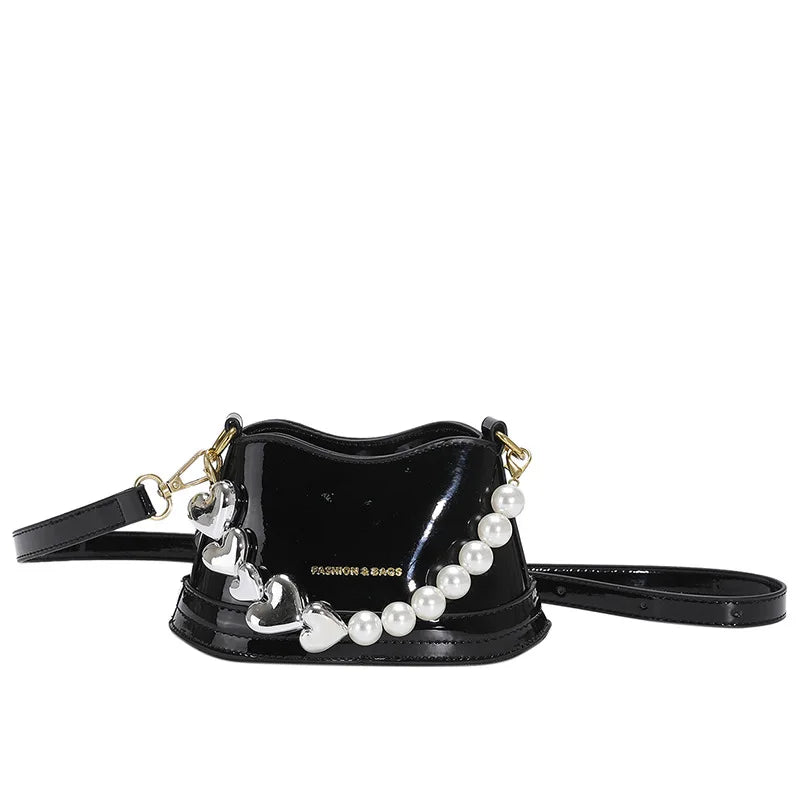 ASHINE Women Patent Leather Hand Bag Heart Pearl Chain Top-handle Bucket Purse