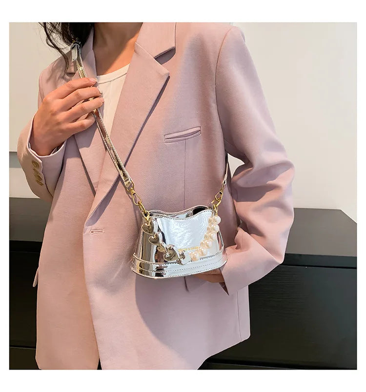 ASHINE Women Patent Leather Hand Bag Heart Pearl Chain Top-handle Bucket Purse