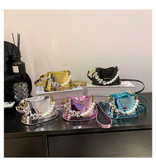 ASHINE Women Patent Leather Hand Bag Heart Pearl Chain Top-handle Bucket Purse