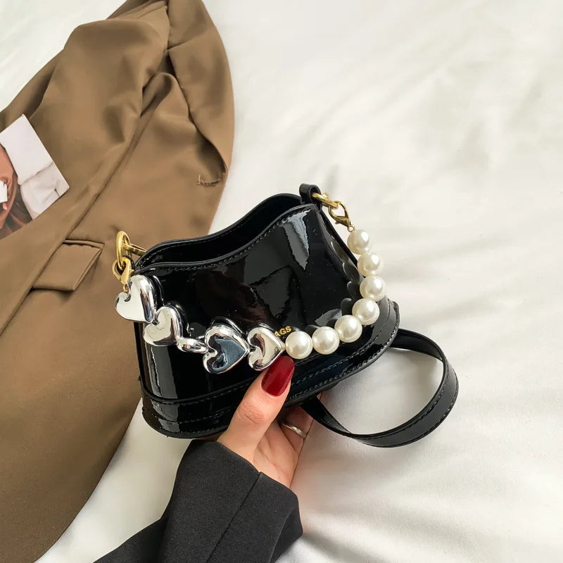 ASHINE Women Patent Leather Hand Bag Heart Pearl Chain Top-handle Bucket Purse
