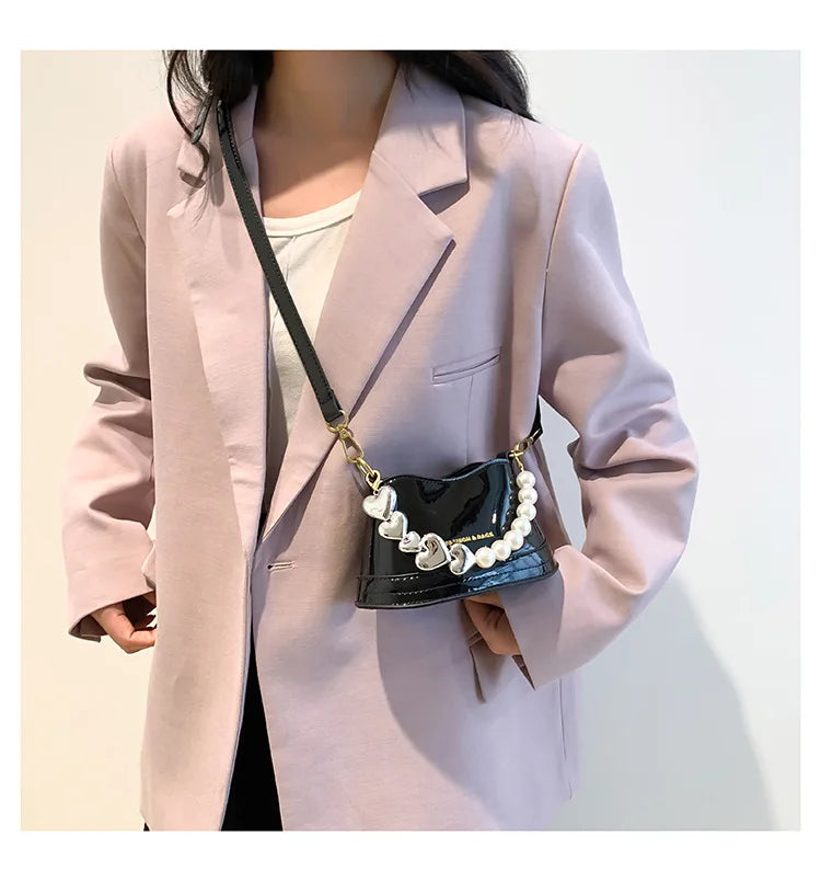 ASHINE Women Patent Leather Hand Bag Heart Pearl Chain Top-handle Bucket Purse