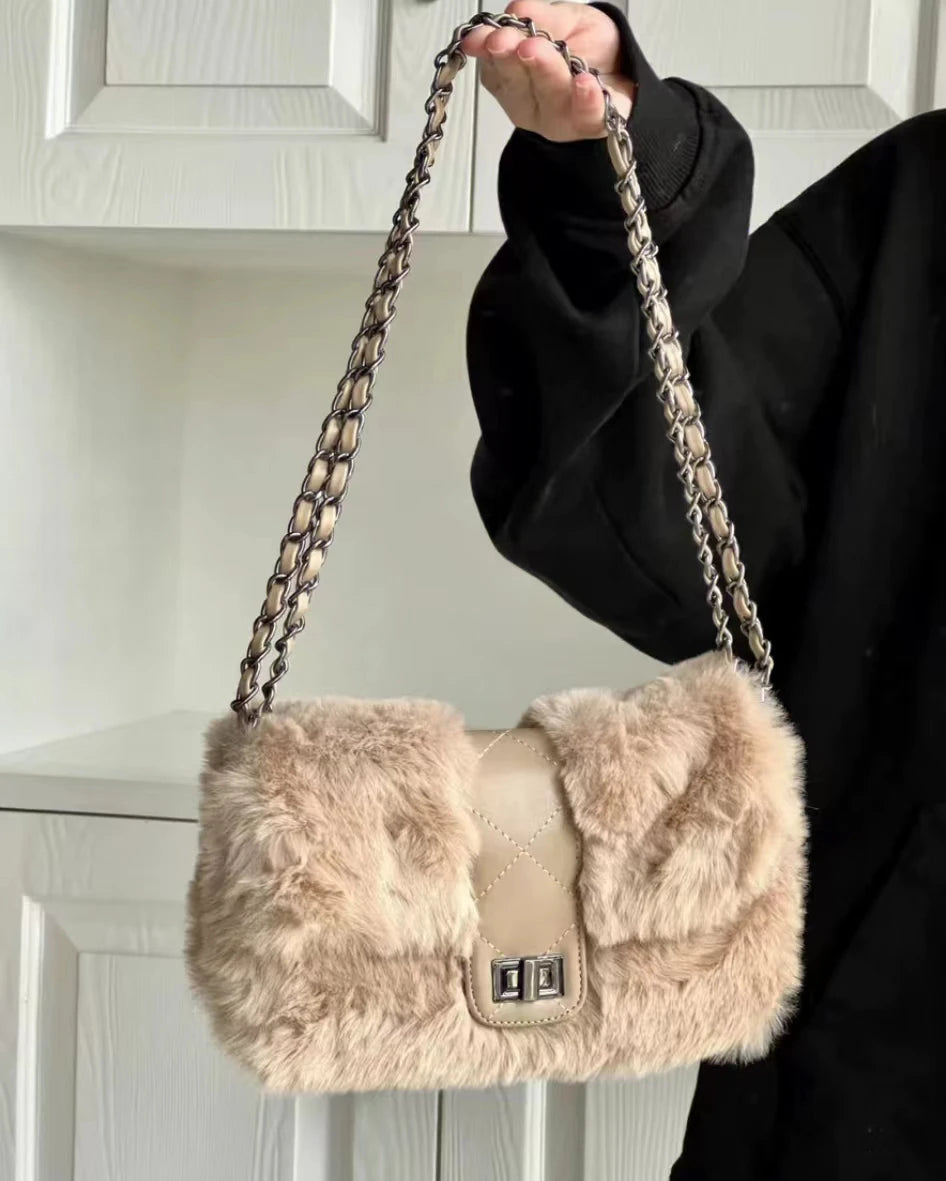 Furry Vintage Flap Shoulder Bag Lightweight Plush Hot Girl Party Bag