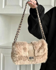 Furry Vintage Flap Shoulder Bag Lightweight Plush Hot Girl Party Bag