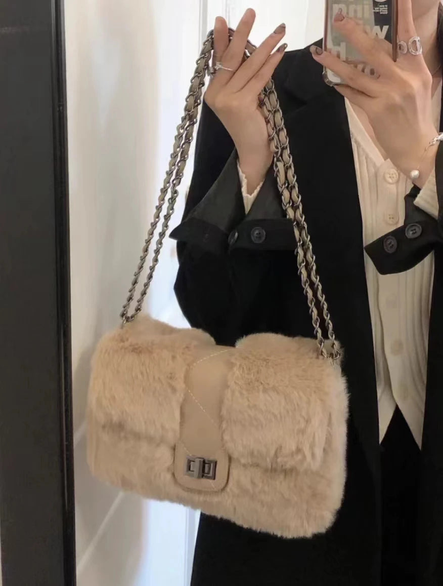 Furry Vintage Flap Shoulder Bag Lightweight Plush Hot Girl Party Bag