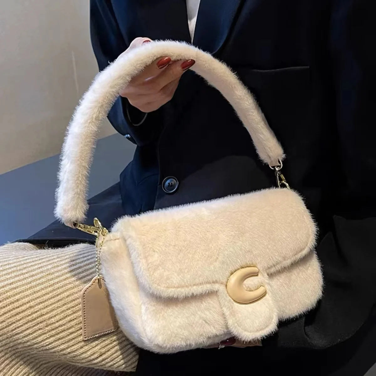 Lee Spring Furry Handbag Soft Crossbody Bag Plush Side Package Women Wallet