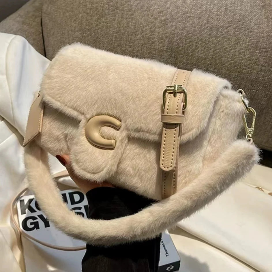 Lee Spring Furry Handbag Soft Crossbody Bag Plush Side Package Women Wallet
