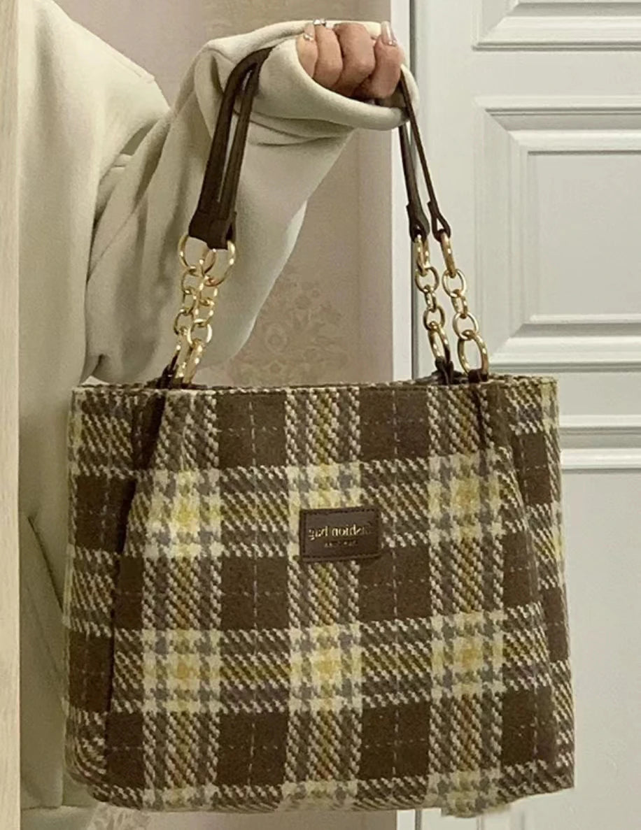 Aboutlee Vintage Plaid Pattern Brown Handbag College Style Women Bag