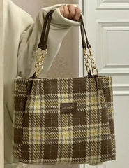 Aboutlee Vintage Plaid Pattern Brown Handbag College Style Women Bag