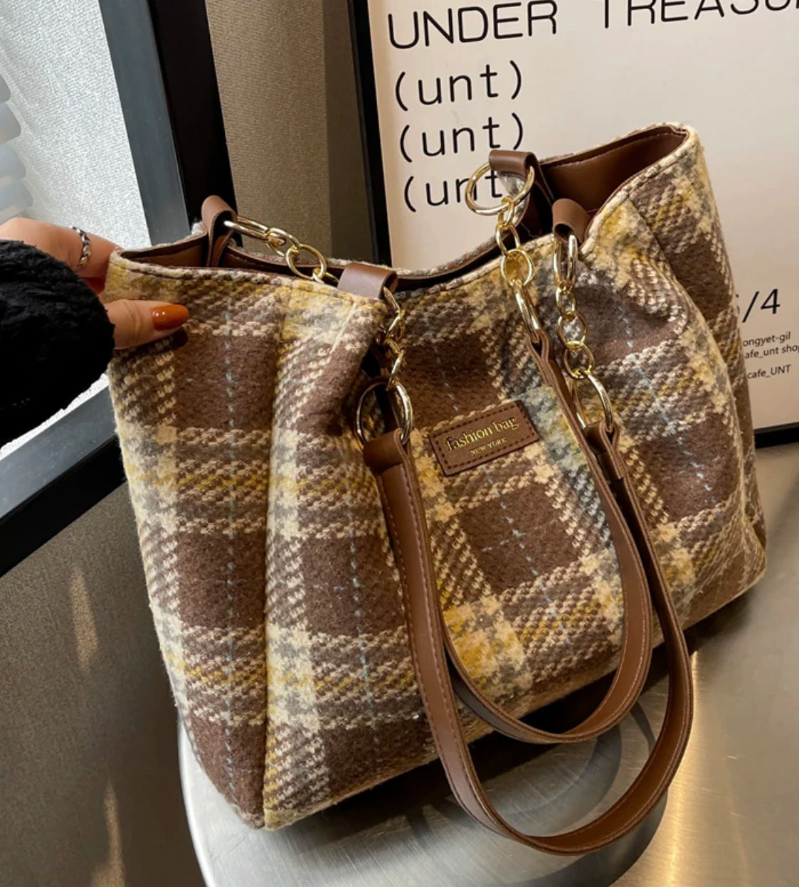 Aboutlee Vintage Plaid Pattern Brown Handbag College Style Women Bag