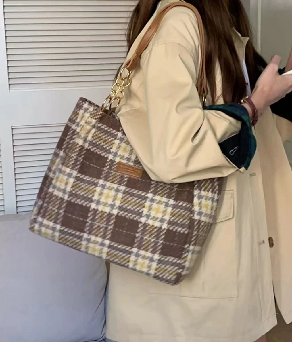 Aboutlee Vintage Plaid Pattern Brown Handbag College Style Women Bag