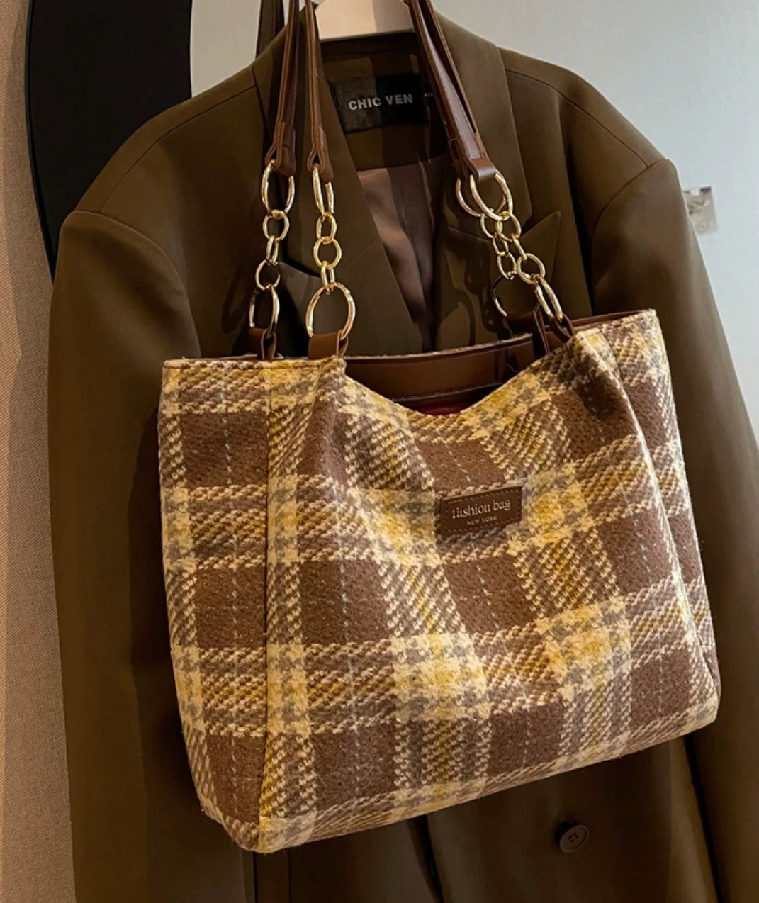 Aboutlee Vintage Plaid Pattern Brown Handbag College Style Women Bag
