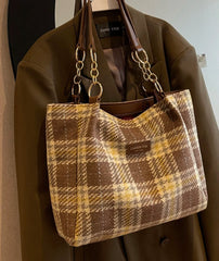 Aboutlee Vintage Plaid Pattern Brown Handbag College Style Women Bag