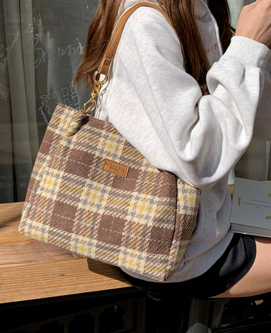 Aboutlee Vintage Plaid Pattern Brown Handbag College Style Women Bag