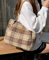 Aboutlee Vintage Plaid Pattern Brown Handbag College Style Women Bag