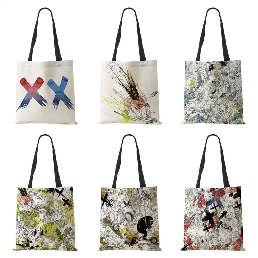 Abstract Print Canvas Shoulder Bag Women Casual Shopping Reusable Tote Bag