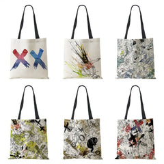 Abstract Print Canvas Shoulder Bag Women Casual Shopping Reusable Tote Bag
