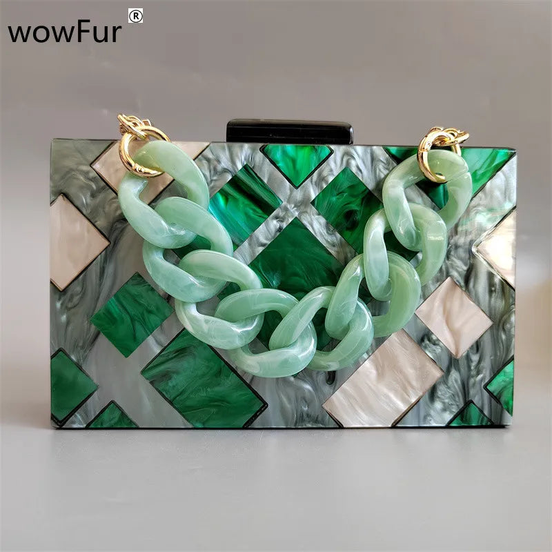 Champagne Geometric Evening Clutch Bag Chain Shoulder Purse