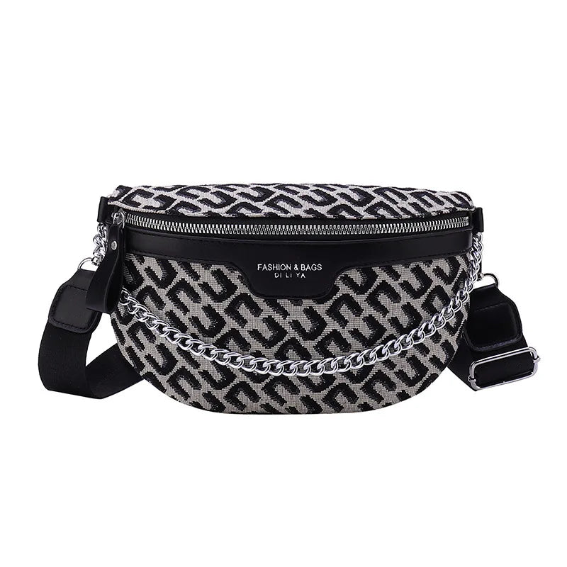 Plaid Waist Bag Canvas PU Chain Fanny Pack Wide Strap Crossbody Chest Bag