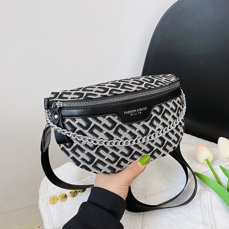 Plaid Waist Bag Canvas PU Chain Fanny Pack Wide Strap Crossbody Chest Bag