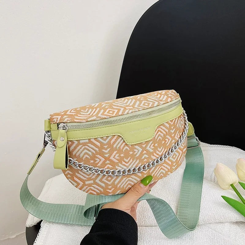 Plaid Waist Bag Canvas PU Chain Fanny Pack Wide Strap Crossbody Chest Bag