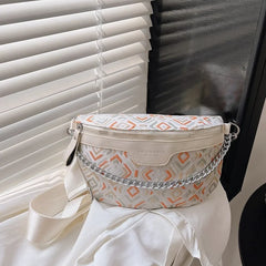 Plaid Waist Bag Canvas PU Chain Fanny Pack Wide Strap Crossbody Chest Bag