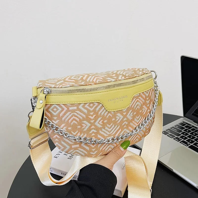 Plaid Waist Bag Canvas PU Chain Fanny Pack Wide Strap Crossbody Chest Bag