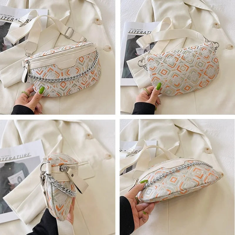 Plaid Waist Bag Canvas PU Chain Fanny Pack Wide Strap Crossbody Chest Bag