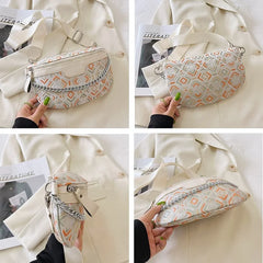 Plaid Waist Bag Canvas PU Chain Fanny Pack Wide Strap Crossbody Chest Bag