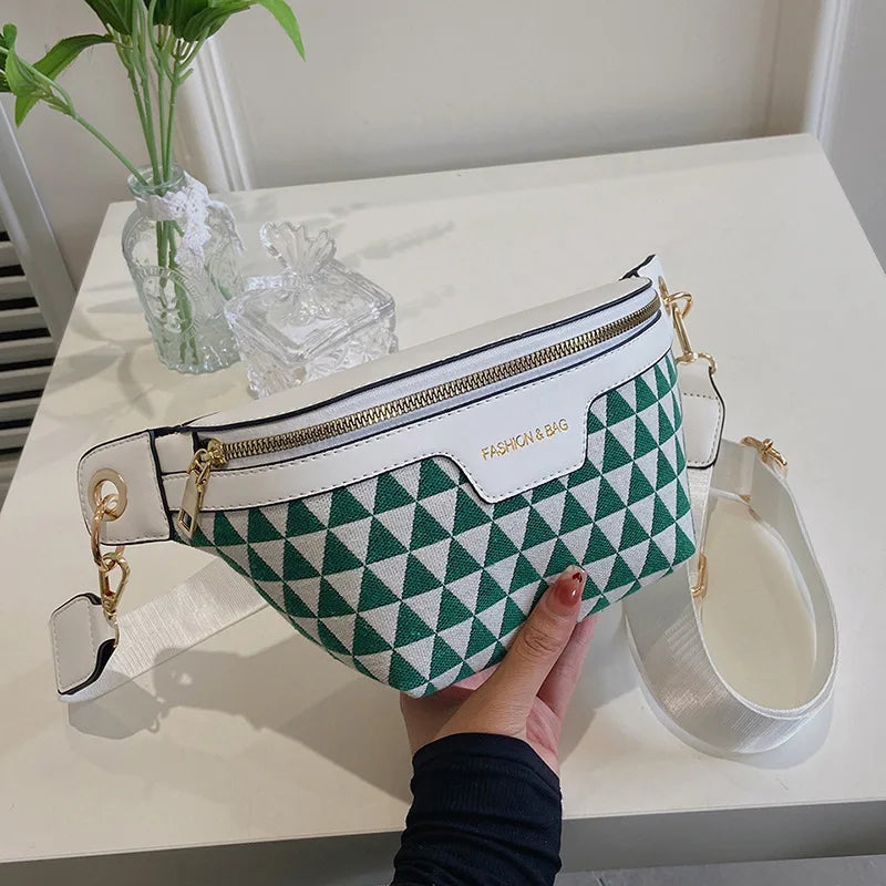 Geometric Pattern Plaid Fanny Packs For Women Stylish Canvas Waist Bag