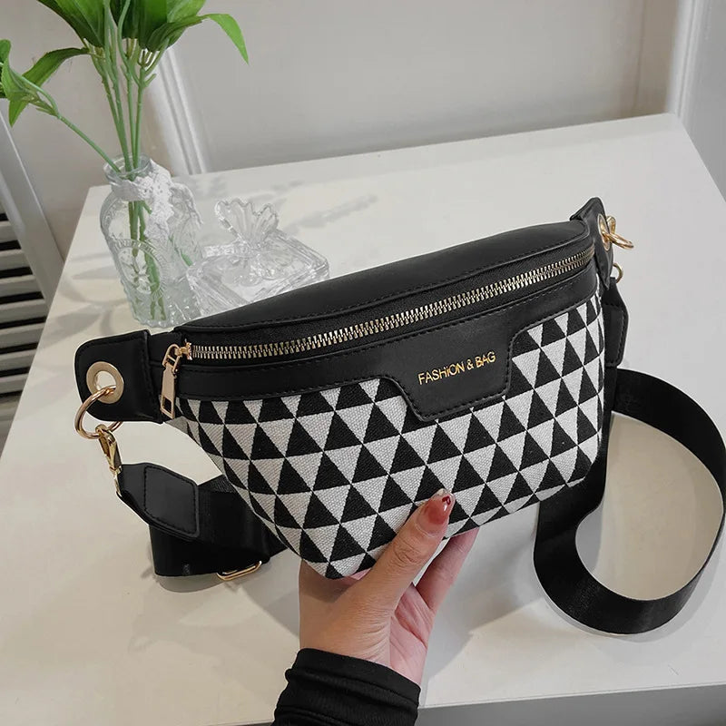 Geometric Pattern Plaid Fanny Packs For Women Stylish Canvas Waist Bag
