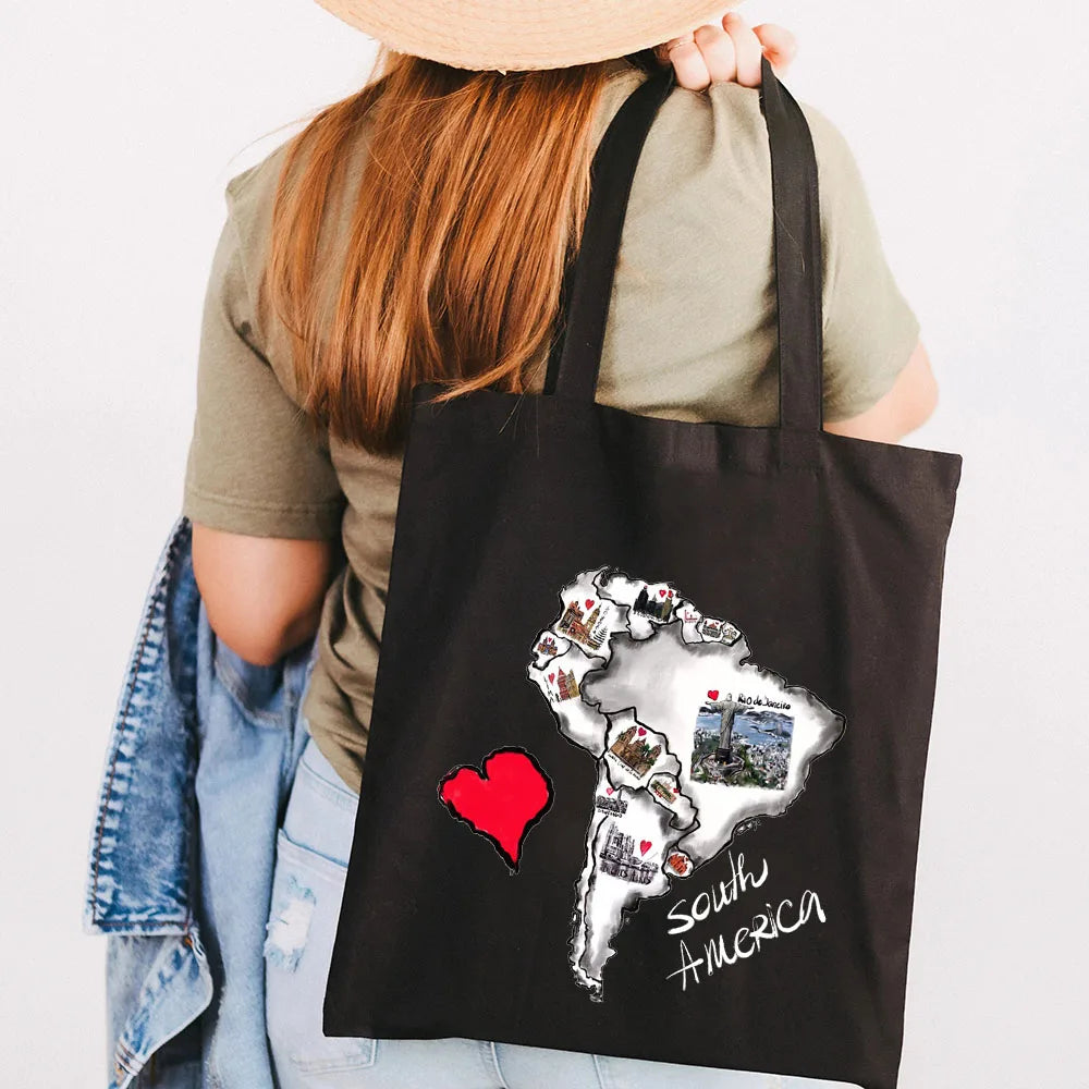 Africa Australia Map Bissau Bogota Brussels Ink Painting Women Canvas Shopper Ba