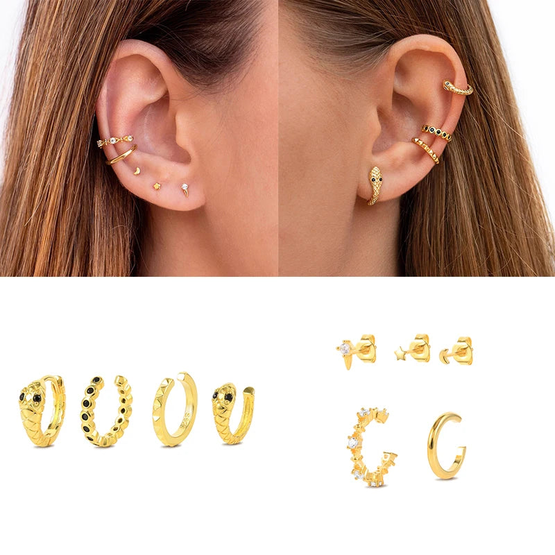 925 Silver Earrings Set Turquoise Crown Star Moon Zircon Snake Clips
